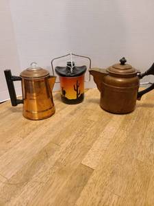 lot 1606 image: Copper percolator, copper pitcher, ceramic cannister