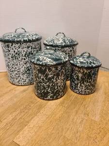 lot 1616 image: Dark green and white enamelware cannister set