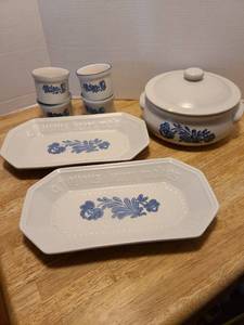 lot 1636 image: Pfaltzgraff covered bowl has cracked lid, 12 wide serving platters, custard cups