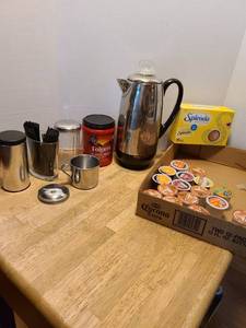 lot 1645 image: Farberware percolator, K cups, Folgers, sugar dispenser and more