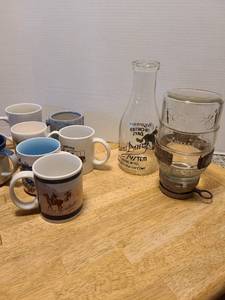 lot 1649 image: Vintage glass Folgers coffee dispenser, Plains Dairy milk bottle, mugs