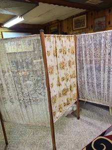 lot 2009 image: Three panel lace and fabric screen, 58 tall, each panel is 29 wide