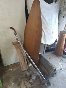 lot 3012 image: Vintage ironing board, Emerson Electric fan, Electrolux canister vacuum and a Kirby.