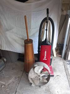 lot 3013 image: Sanitaire dual kleen vacuum, Galvanized fan and butter churn