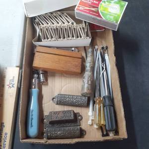 lot 3023 image: Miscellaneous items. Vintage tag, matches, match holders and some various tools