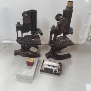 lot 3029 image: (2) Vintage Spencer Lens microscopes (missing parts) with micro slides