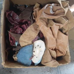 lot 3040 image: Large box of scrap leather and more