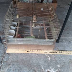 lot 3043 image: Bird cage with food bowls, and bells. There isnt a bottom floor