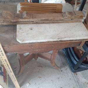 lot 3045 image: Vintage side table with partial marble top. with miscellaneous items. 30 x 28 x 19.5