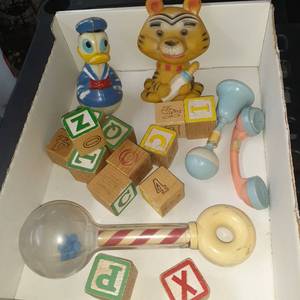lot 3048 image: Vintage blocks, squeaky toys and rattles