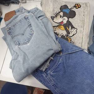 lot 3060 image: Ladies vintage jeans. Roper Levis size 6 and 8. Minnie Mouse jeans are 910