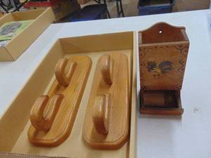 lot 1896 image: Wooden Matchsafe and Towel Racks