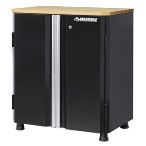 lot 24100 image: Husky - Ready-to-Assemble 24-Gauge Steel 2-Door Garage Base Cabinet in Black (28 in. W x 32 in. H x 18 in. D) - Retail $279.99