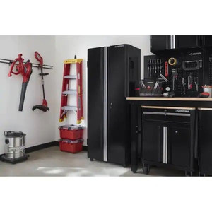 lot 24102 image: Husky - Ready-to-Assemble 24-Gauge Steel Freestanding Garage Cabinet in Black (36 in. W x 72 in. H x 18 in. D) - Retail $299.99