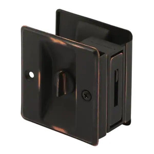lot 24224 image: Pocket Door Privacy Lock and Pull, 2-34 in. tall, Classic Bronze - Retail $15.53