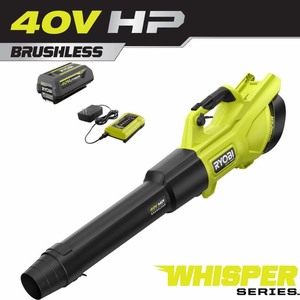 lot 24271 image: RYOBI - 40V HP Brushless Whisper Series 155 MPH 600 CFM Cordless Battery Leaf Blower with 4.0 Ah Battery and Charger - Retail $229.00