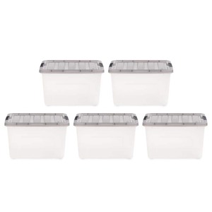 lot 24281 image: IRIS - 40qt  (Set of 4)  Stack and Pull Box Clear with Gray Lid - Retail $37.96