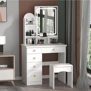 lot 24308 image: White Makeup Vanity Sets Dressing Table Sets With Stool,5-Drawers, Mirror, LED Light and 3-Tier Storage Shelves - Retail $167.99