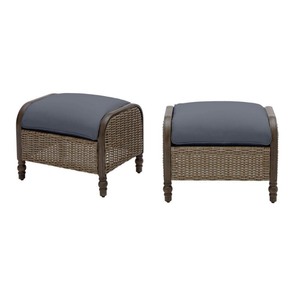lot 24306 image: Hampton Bay - Windsor Brown Wicker Outdoor Patio Ottoman with Navy Cushions (2-Pack) - Retail $369.00