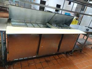 lot 107 image: UPDATE TESTED & WORKS - Beverage Air Commercial 3 Door, SaladSandwichCold Food - 6ft Prep Table Refrigerator (6 W x 37 D x 46 H)