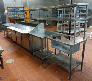 lot 108 image: 4 Metal Prep Tables & 15 ft 2 Shelf Add-On (Refrigerated Prep Table is NOT Included)