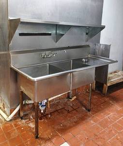 lot 110 image: 76 Steel Two Compartment Commercial Sink (24 x 24 x 12 Bowls) wFaucet, Right Side Drainboard & 6 W x 18 D Steel Shelf