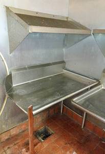 lot 113 image: 42 Wall Mounted Slanted Rack Shelf - Holds (2) Dish Racks up to 21W x 19 78D)  Bonus 48 W x 30 D Table Parts