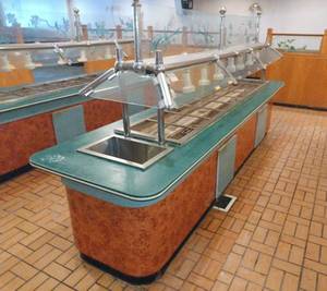 lot 119 image: 13 Ft Long, Large Serving Buffet Steam Table (Tub at one End) w Glass Sneeze Guard & Storage Below (40 Wide)