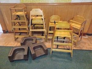 lot 129 image: Lot of 7 Wooden High Chairs & 3 Plastic Booster Seats