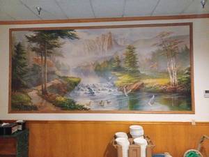lot 131 image: Large Wall Mounted Picture of Waterfall, Mountains & Ducks - 13ft 9in x 6ft 6in