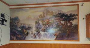 lot 132 image: Large Waterfall & Birds Mounted Picture - 13 ft x 6ft 7in (Missing Part of Frame)