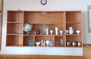 lot 154 image: Hanging Wood Shelf - 8 ft W x 46.5 H x 12.2 D (Contents are NOT Included)