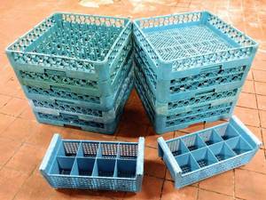 lot 201 image: Lot of 12 - Polypropylene (19.5 x 19.5 Dishwasher Racks - Peg Plate, Open, Glass Racks & 2 Flatware Baskets