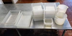 lot 208 image: Lot of 27 Pieces - (3) Full, (20) 12 & (3) 16 Size Clear Polycarbonate Food Pans  2 Canisters
