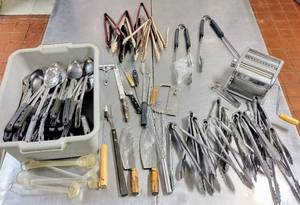 lot 217 image: Large Lot of 15 Serving Spoons, Tongs & Other Utinsels