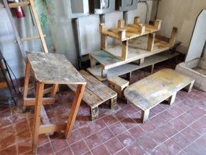 lot 224 image: Lot of 8 Misc Sized Wood Tables, 3 Glass Panels (a few chips in Glass) & Small Wood Ladder