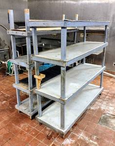 lot 229 image: Lot of 2 - (4 Tiers on each) Large Wood Shelves - 80 W x 25.5 D x 6 2 H and 69 W x 19.5 D x 6 7 H