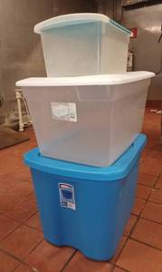 lot 238 image: Lot of 3 Sterilite Totes wLids - 18 Gallon, 14.5 Gallon & a Smaller One