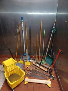 lot 240 image: Lot of Brooms, Mops, Mop Bucket, Saws and Other Items