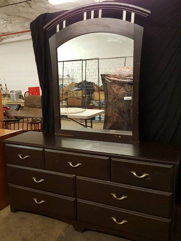 lot 1000 image: Very nice dark wood 7 drawer with back mirror to match 66 wide X 17 deep and 31 off the floor