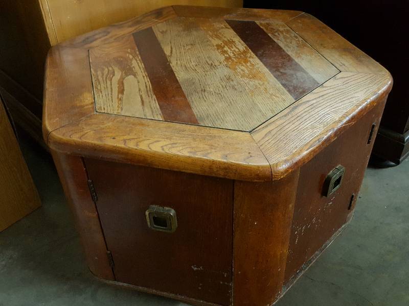 lot 1016 image: Real wood and real cool old hexagon HD 25 table with swing out doors.  Needs to be re finished or re purposed