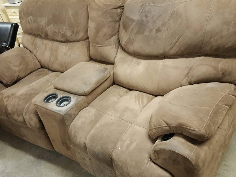lot 1051 image: Definitely been in the Man Cave and needs to find a new home is this dual recliner love seat