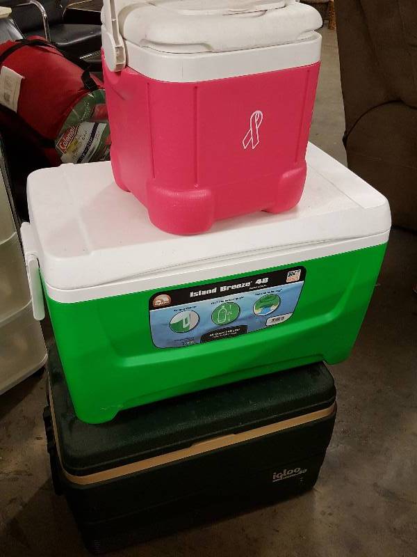 lot 1057 image: 3 Igloo Coolers lot with 3 styles even one for the fisherman to keep him honest about the size of the fish