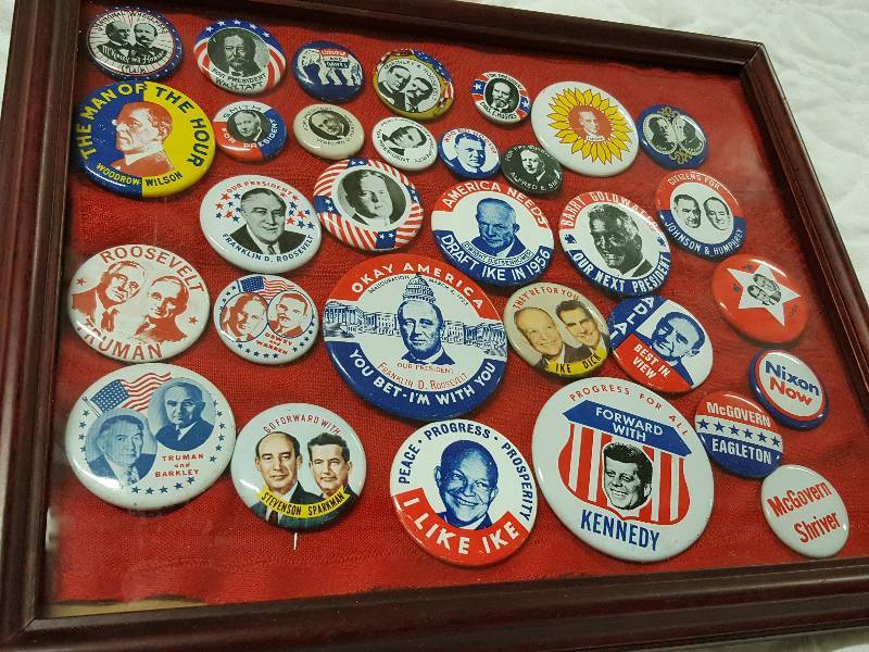 lot 1080 image: 30 cool old POTUS presidential lapel or hat pins collection.  Definitely some early pins all in excellent shape