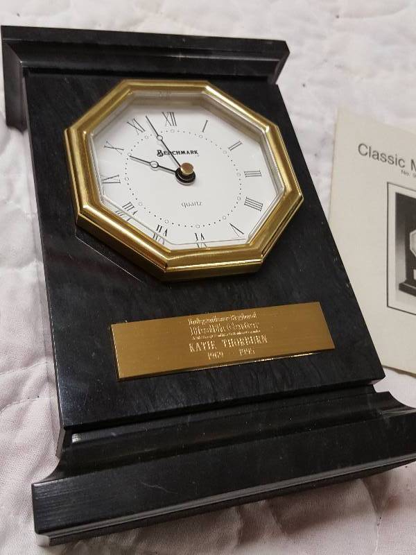 lot 1088 image: Real sold marble or granite award for service with a Benchmark Quartz movement clock