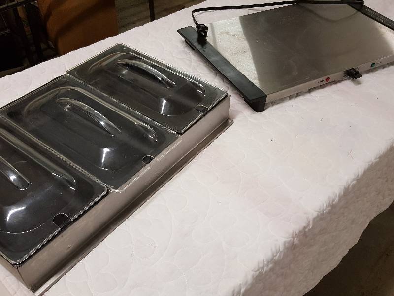 lot 1107 image: 3 dish warming trays with lids and adjustable temperature hot plate for them.  Quality piece here bidders