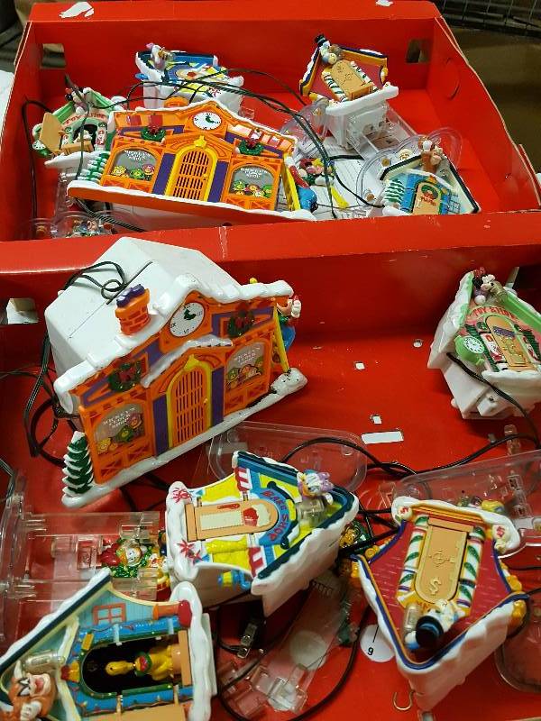 lot 1142 image: 2 big boxes of kids room Christmas Village lighted decorations.  I didnt plug any in but if I was a betting man, Id bet most of them will work