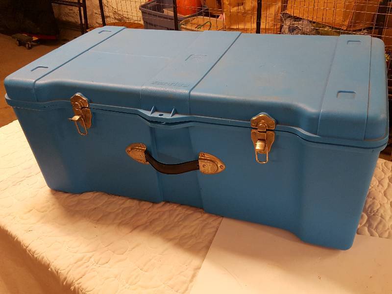 Nice Blue Contico HD plastic foot locker 32 X 18 X13 deep with vented  handles and secure latches, In the DownTown Underground Suite #368 Auction  by Dale Wilch