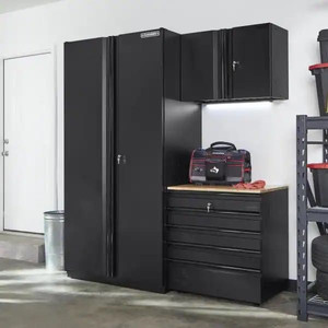 lot 1 image: Husky 3-Piece Extra Wide Heavy Duty Welded Steel Garage Storage System in Black (74 in. W x 82 in. H x 24 in. D) Retail $1,699.99