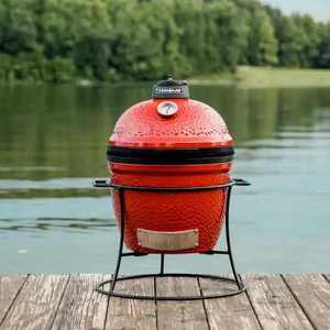 lot 2 image: Kamado Joe Joe Jr. 13.5 in. Portable Charcoal Grill in Red with Cast Iron Cart, Heat Deflectors and Ash Tool Retail $399.99